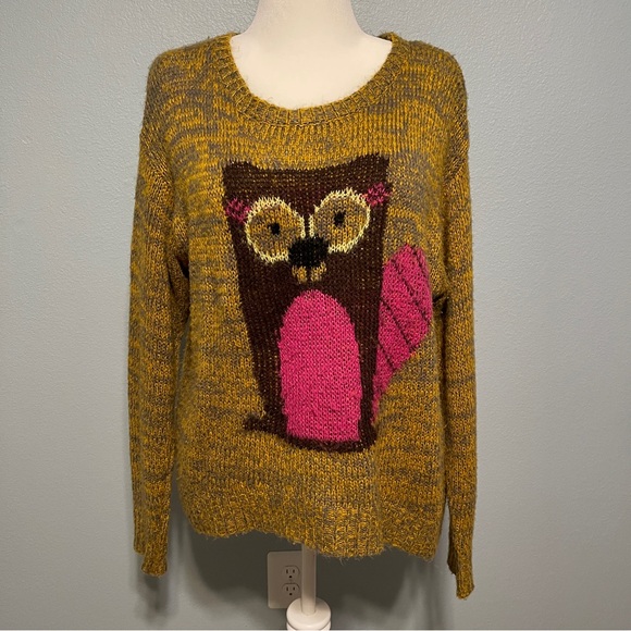Rewind Sweaters - Rewind Beaver Sweater Mustard Brown Pink Knit Pullover Animal Graphic Quirky XL